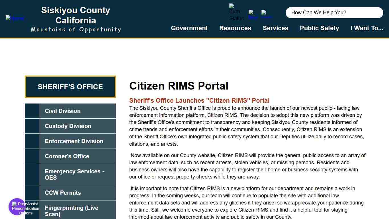 Citizen RIMS Portal Siskiyou County California