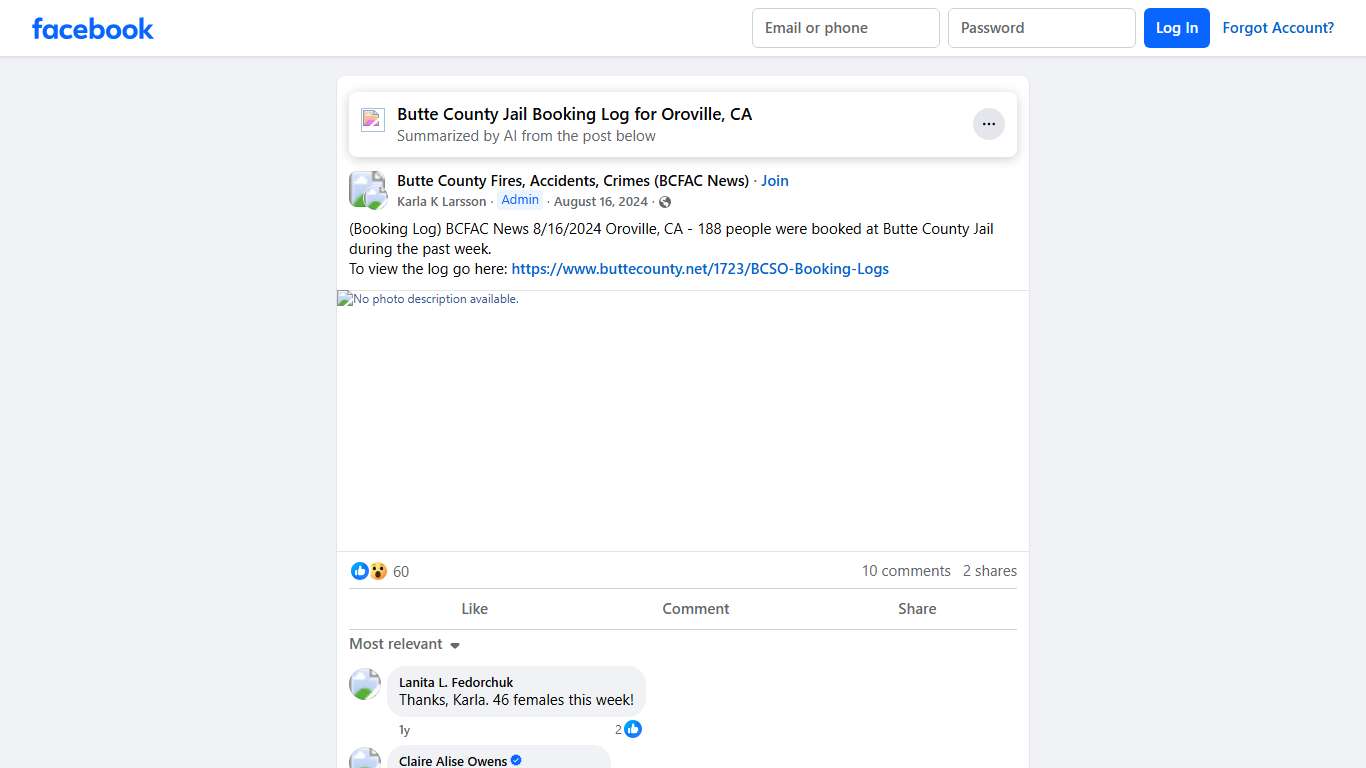 Butte County Fires, Accidents, Crimes (BCFAC News) (Booking Log) BCFAC News 8/16/2024 Oroville, CA - 188 people were booked at Butte County Jail during the past week Facebook